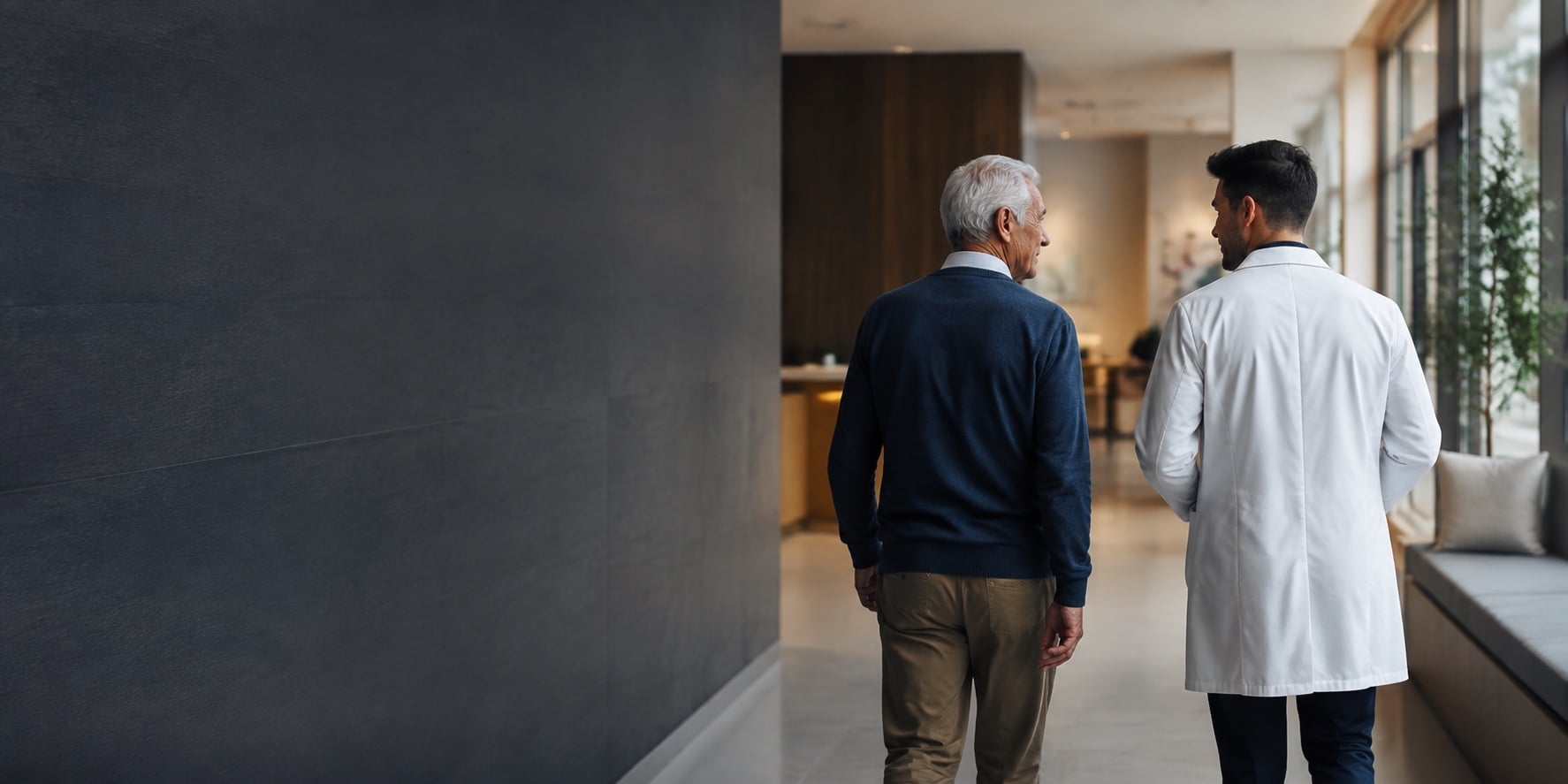 Dr. Elliot Adams walking with a patient inside a vascular clinic