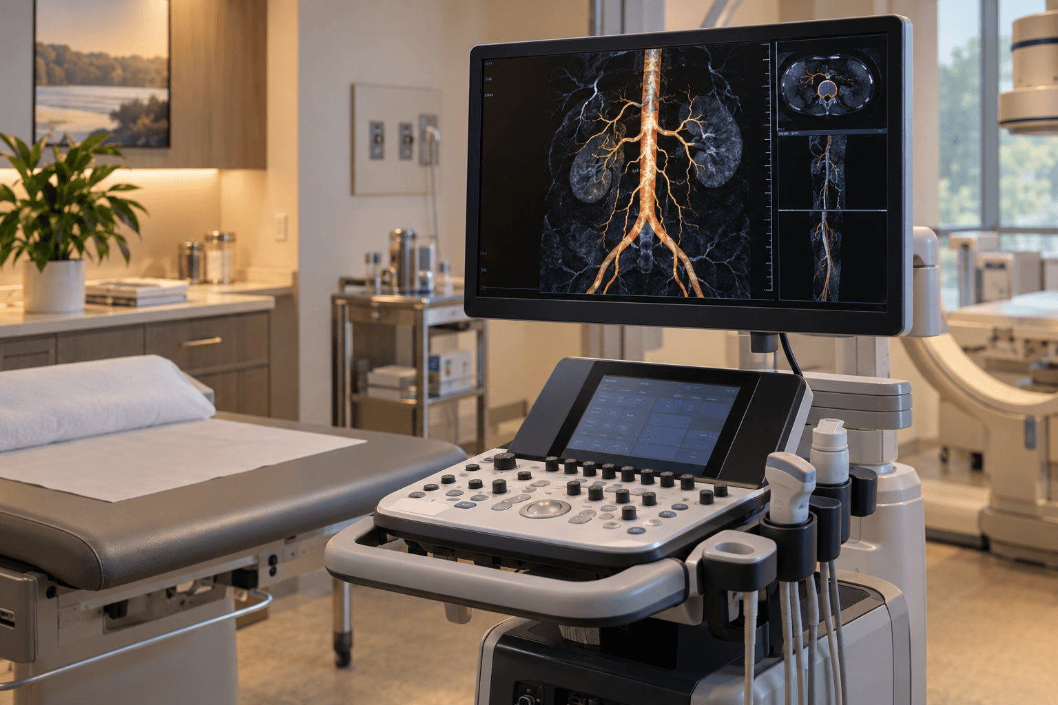 A vascular imaging workstation in a modern clinical suite