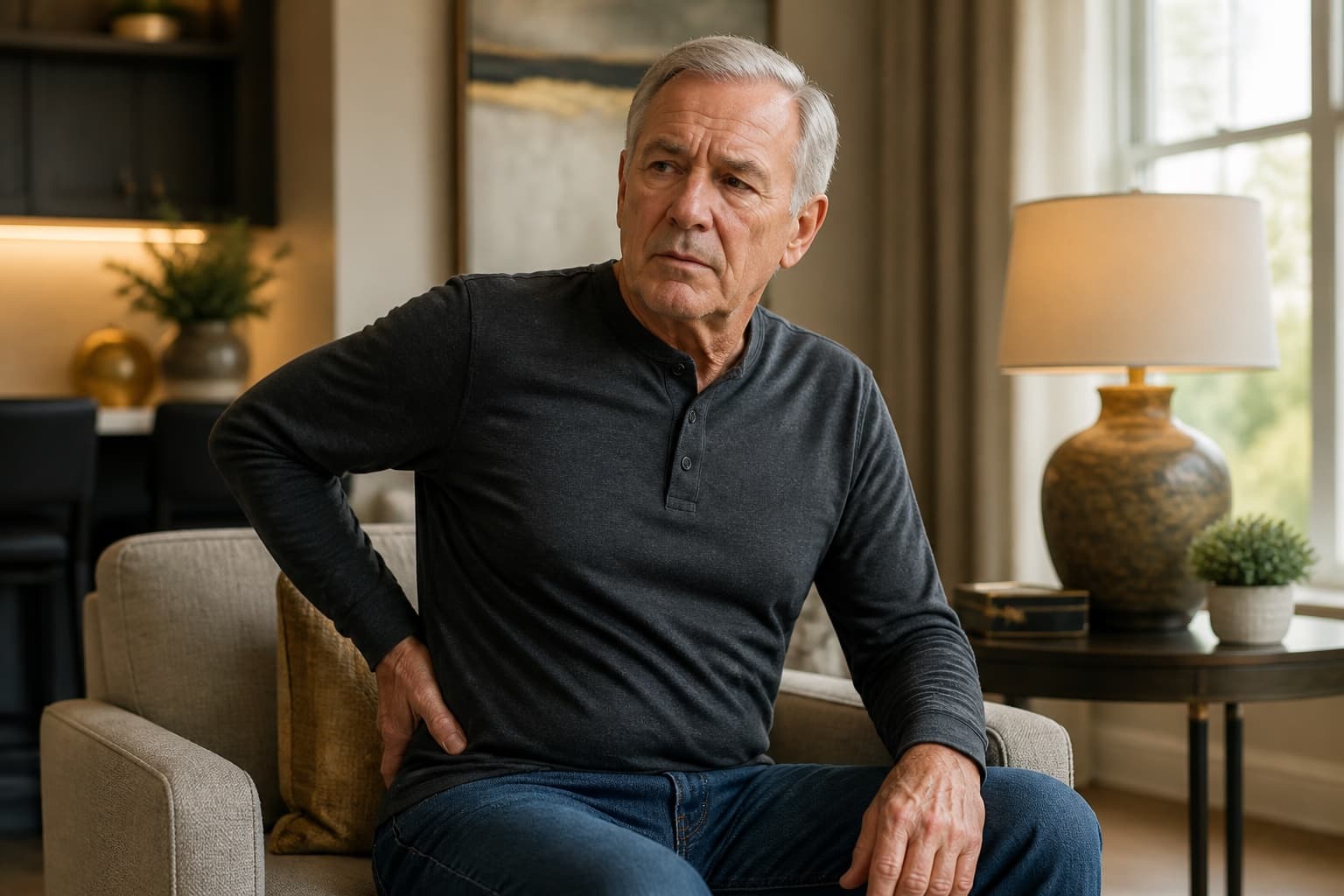 An older man experiencing lower back pain at home