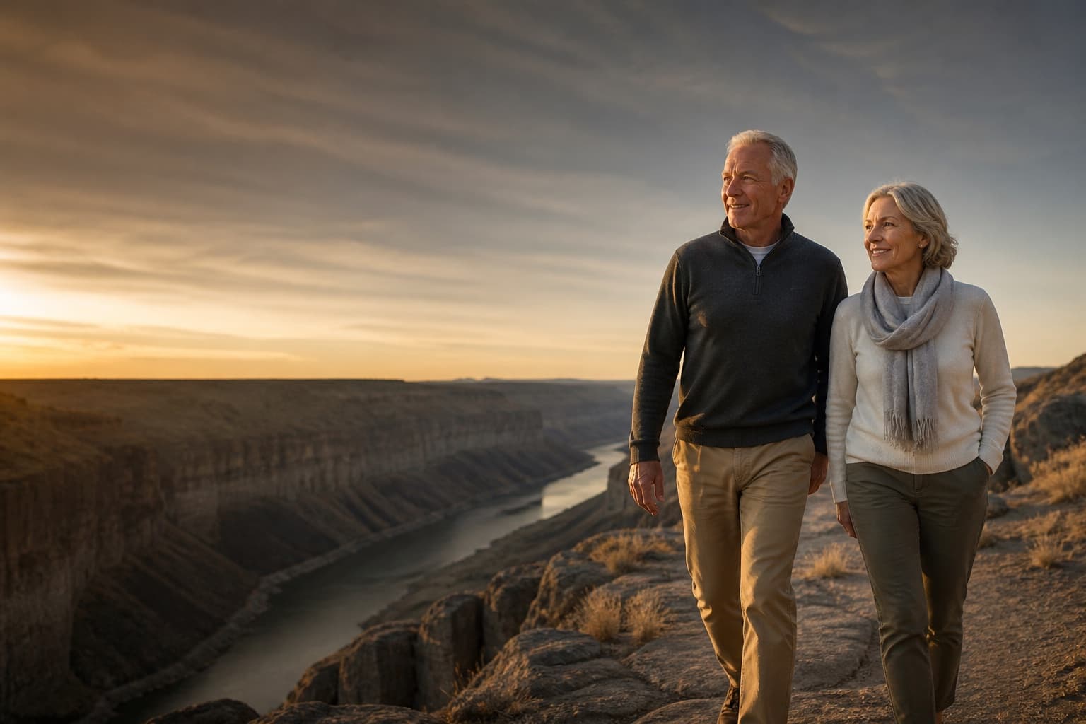 An older couple walking along a canyon rim trail