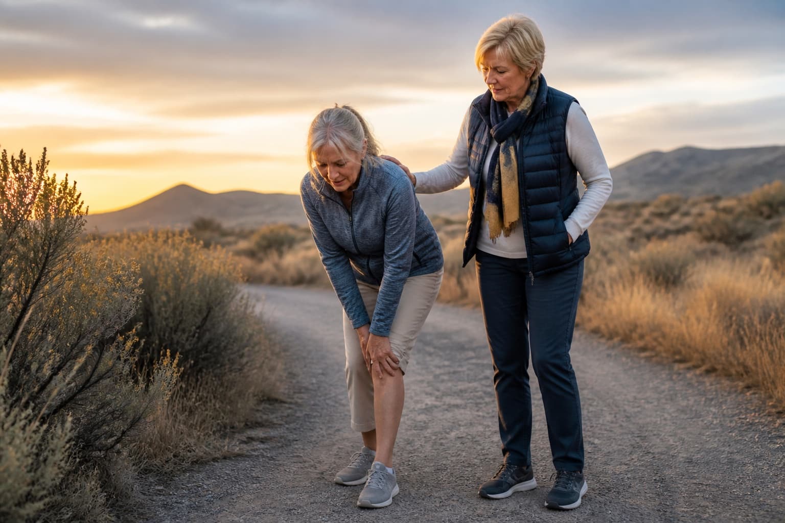 An older woman pausing on a trail because of leg pain