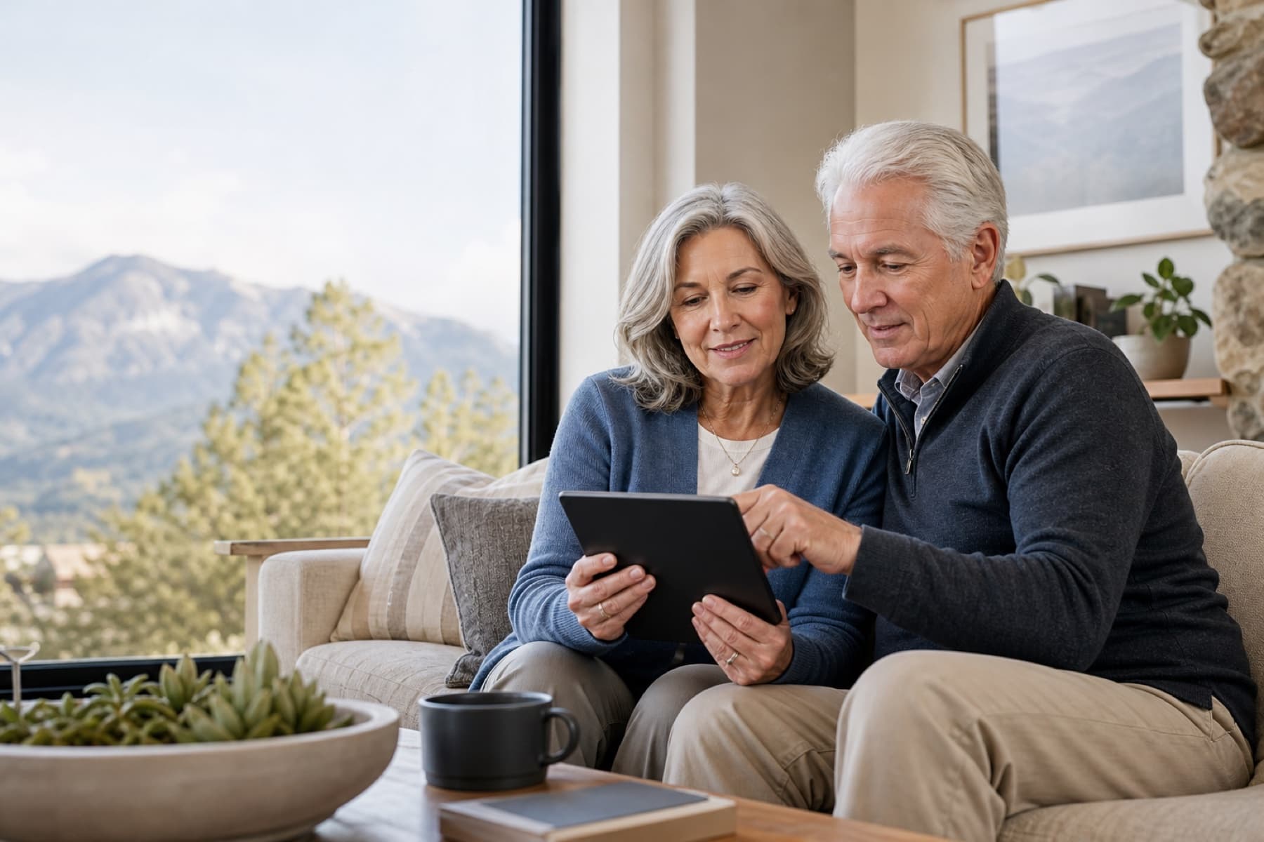 An older couple reviewing health information together at home