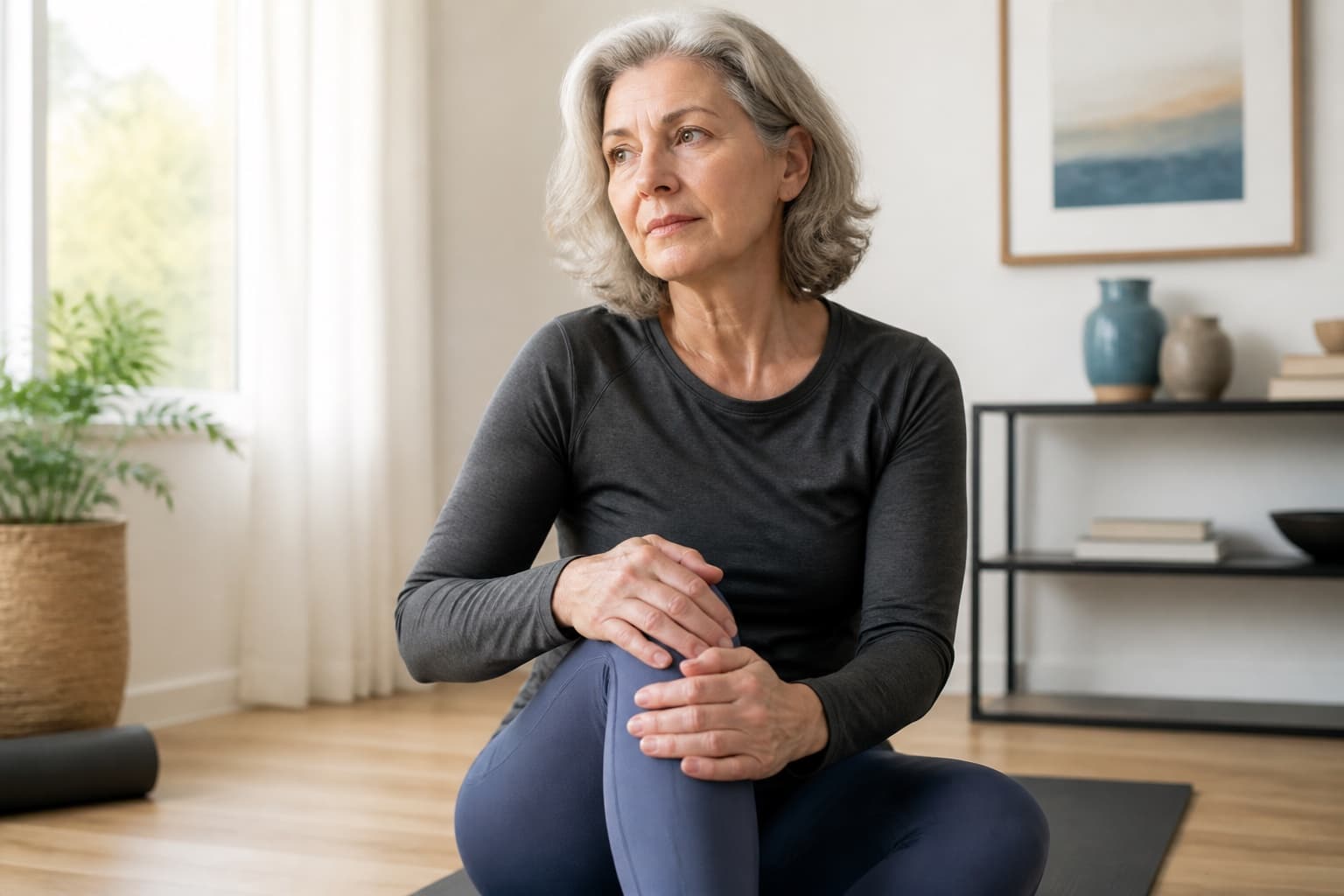 An older woman holding a painful knee at home
