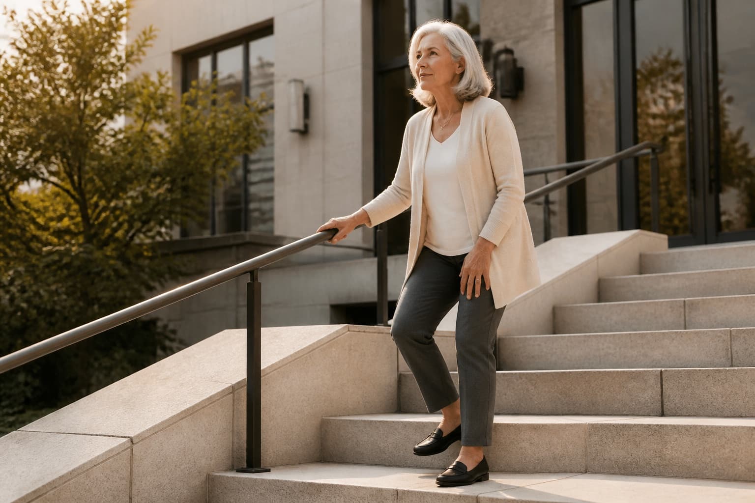 An older woman carefully descending outdoor steps