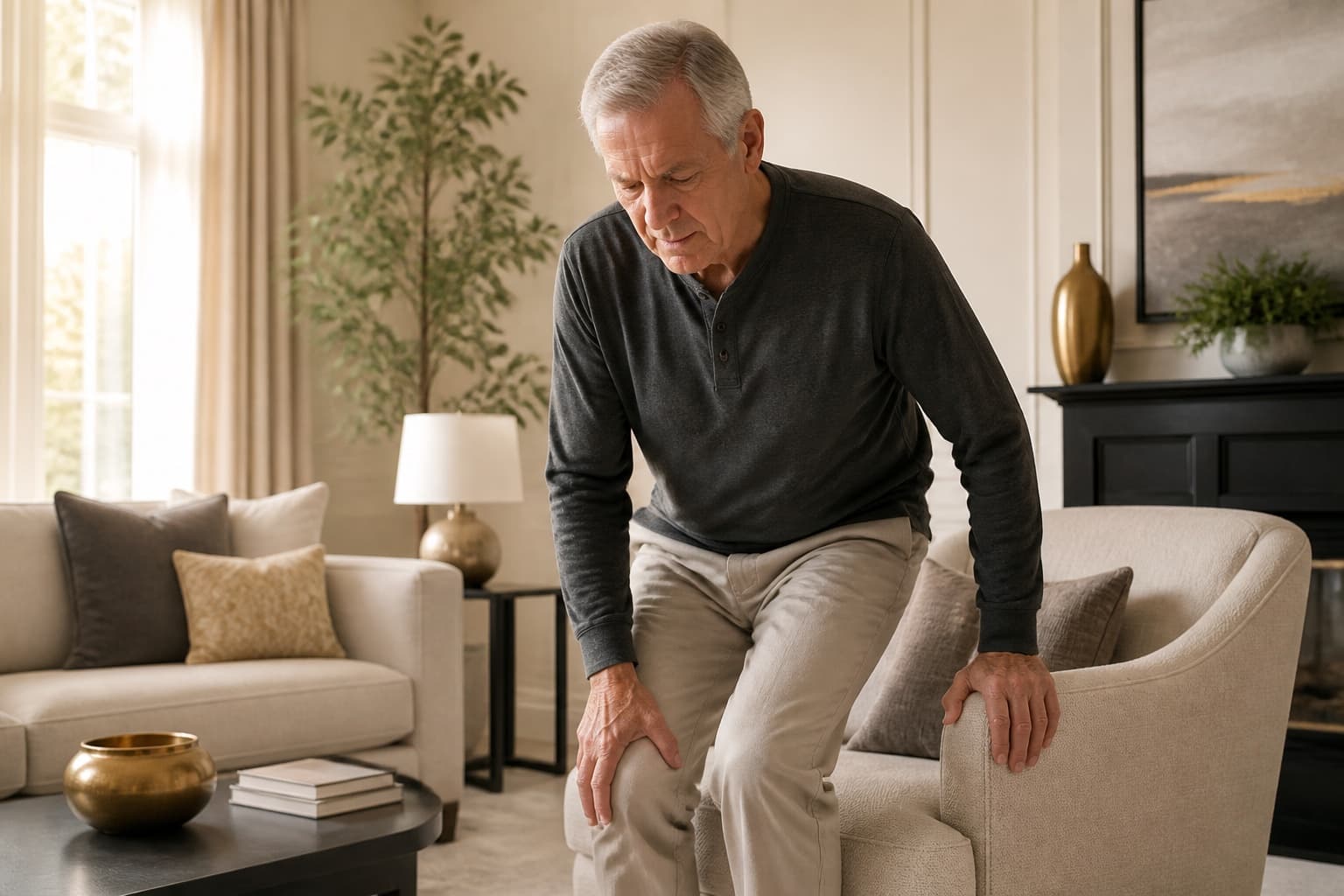 An older man rising slowly from a chair because of a stiff knee