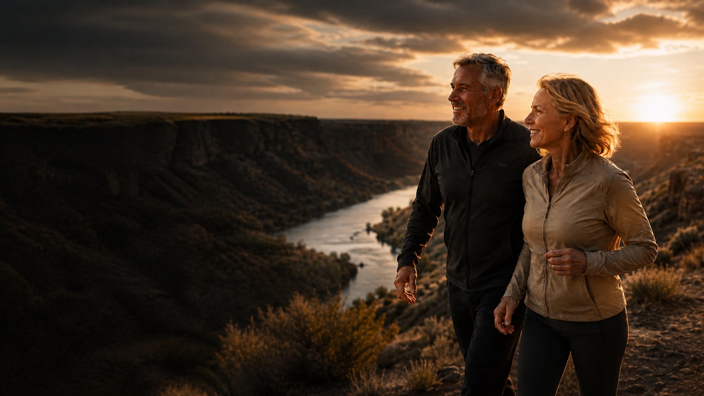 An older couple enjoying a Snake River Canyon overlook at sunset