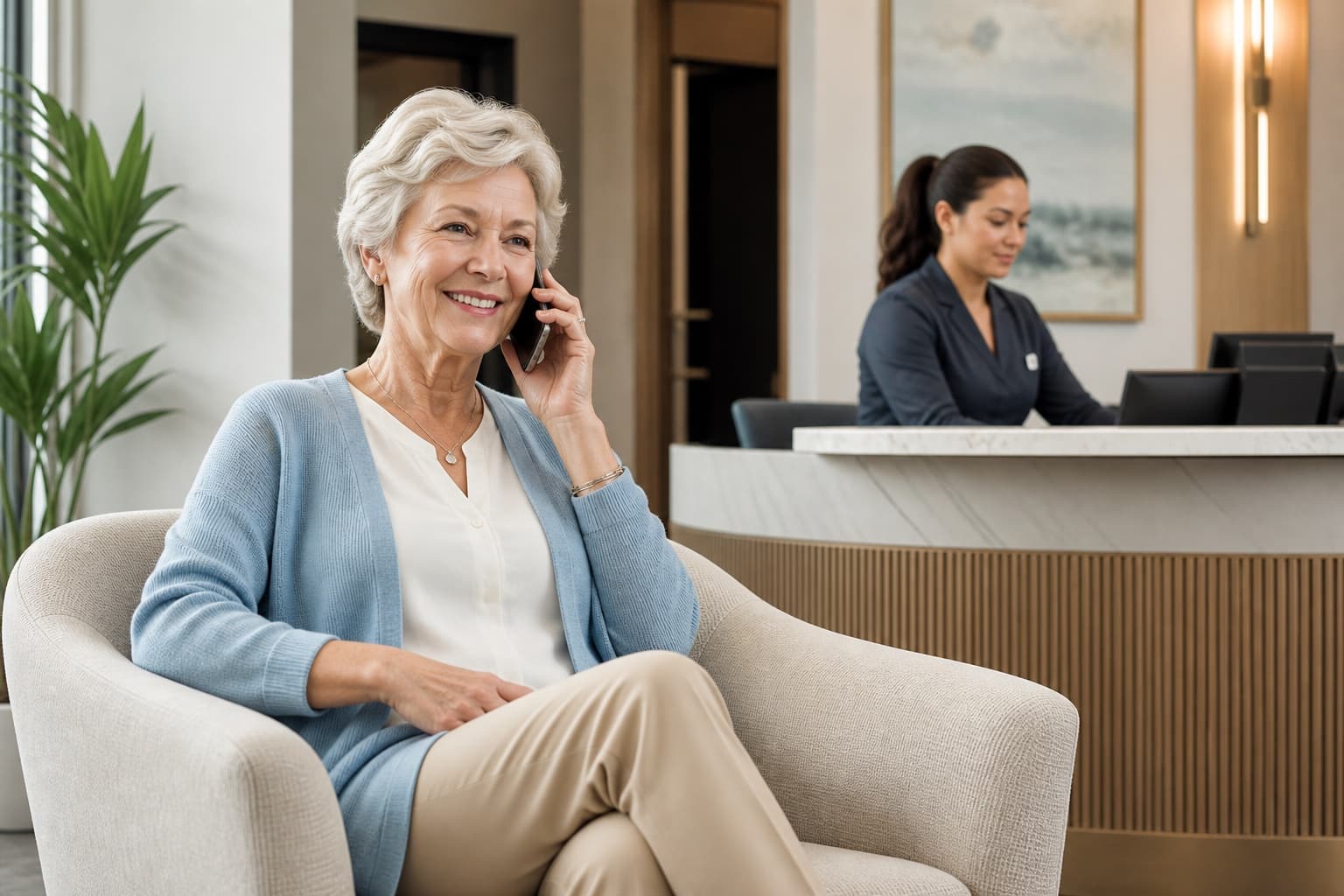 A patient calling to schedule an appointment from a clinic waiting area