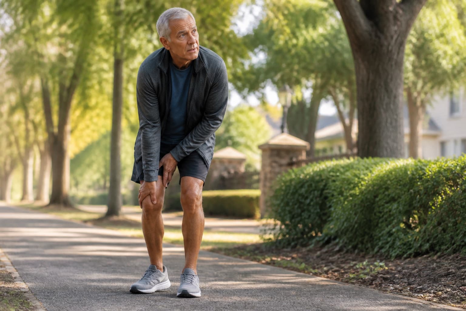 An older man pausing during a walk because of leg discomfort
