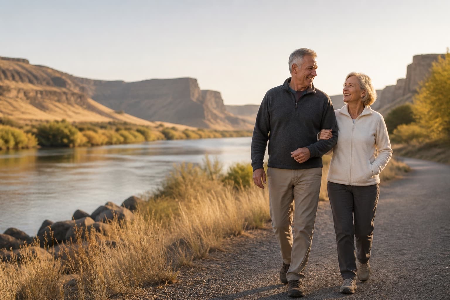An older couple walking comfortably beside the Snake River