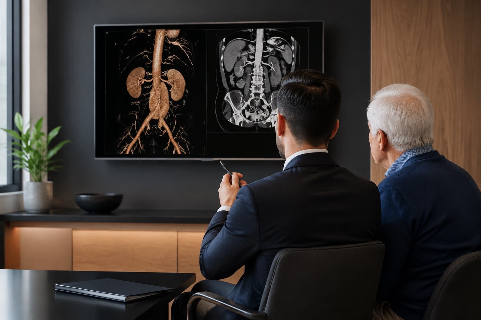 Dr. Elliot Adams reviewing aortic imaging with an older patient