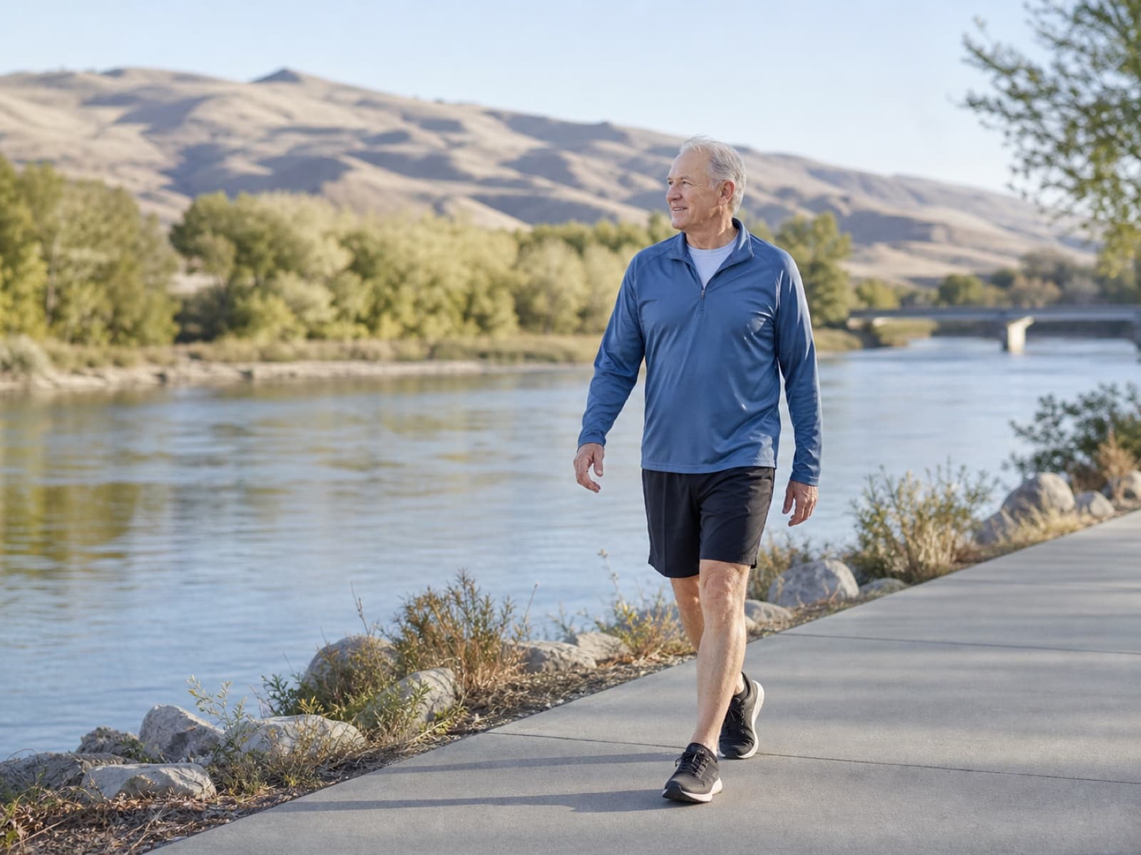 An older adult walking beside a river
